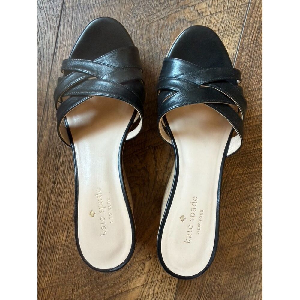 Kate Spade New York Black Leather Crisscross Wedge Mules